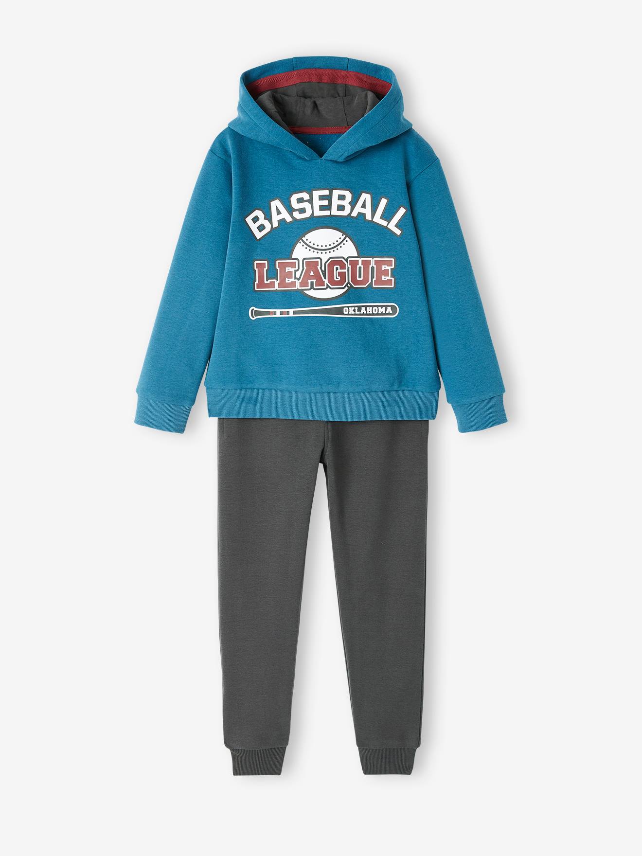 Jongensensemble in fleece, sweatshirt met capuchon + joggingbroek pauwenblauw