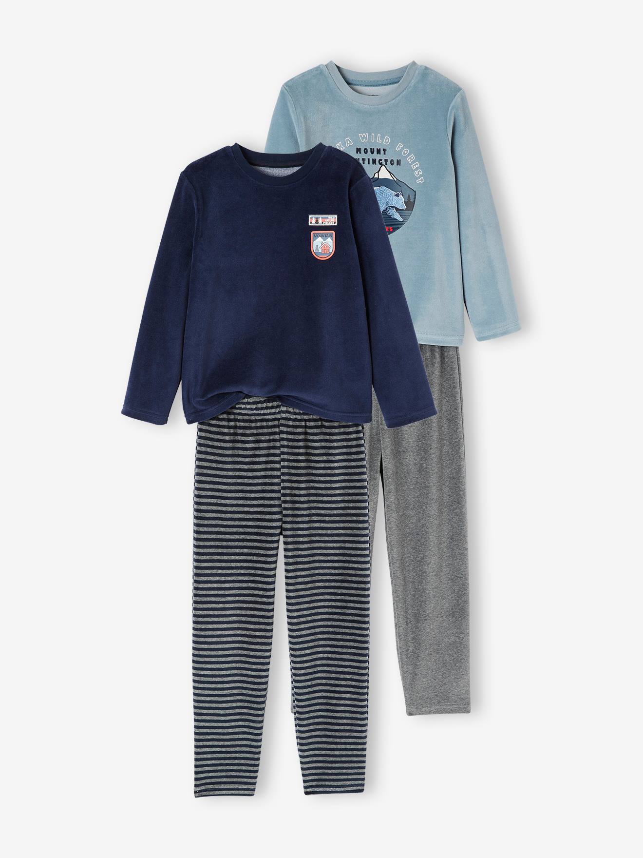 Set van 2 "natuur" fluwelen pyjama's voor jongens set blauw en grijs