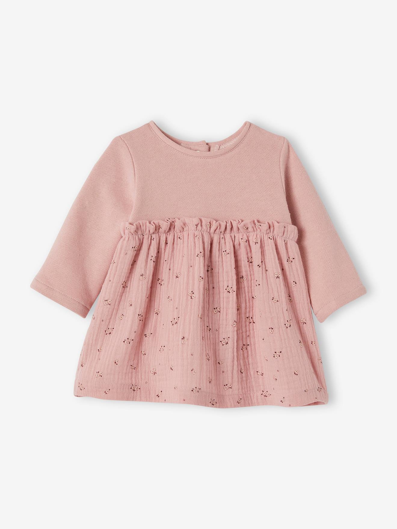 Fluwelen babyjurk van twee soorten materiaal roze met print