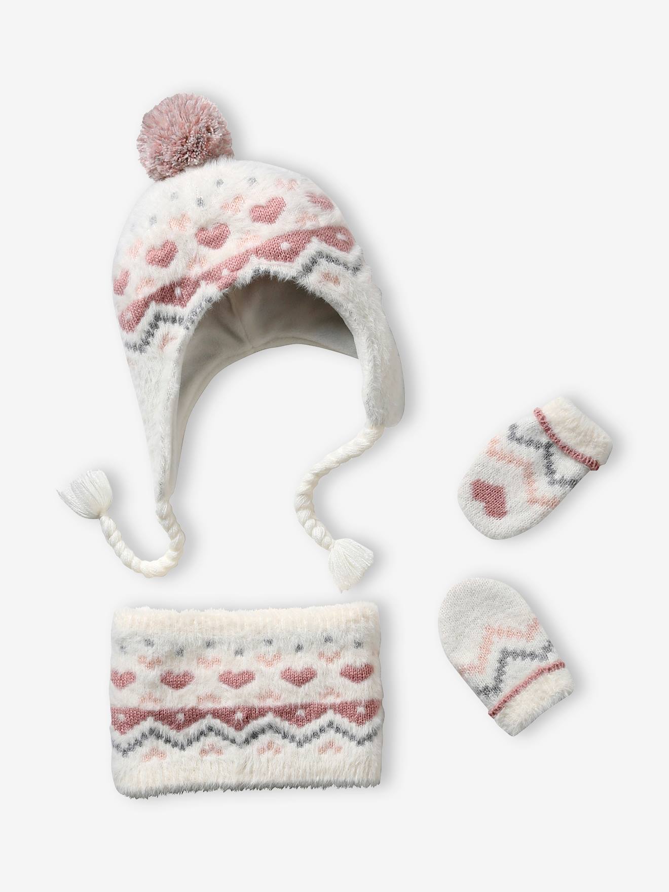 Set van babymeisjes jacquard gebreide muts + snood + wanten ecru