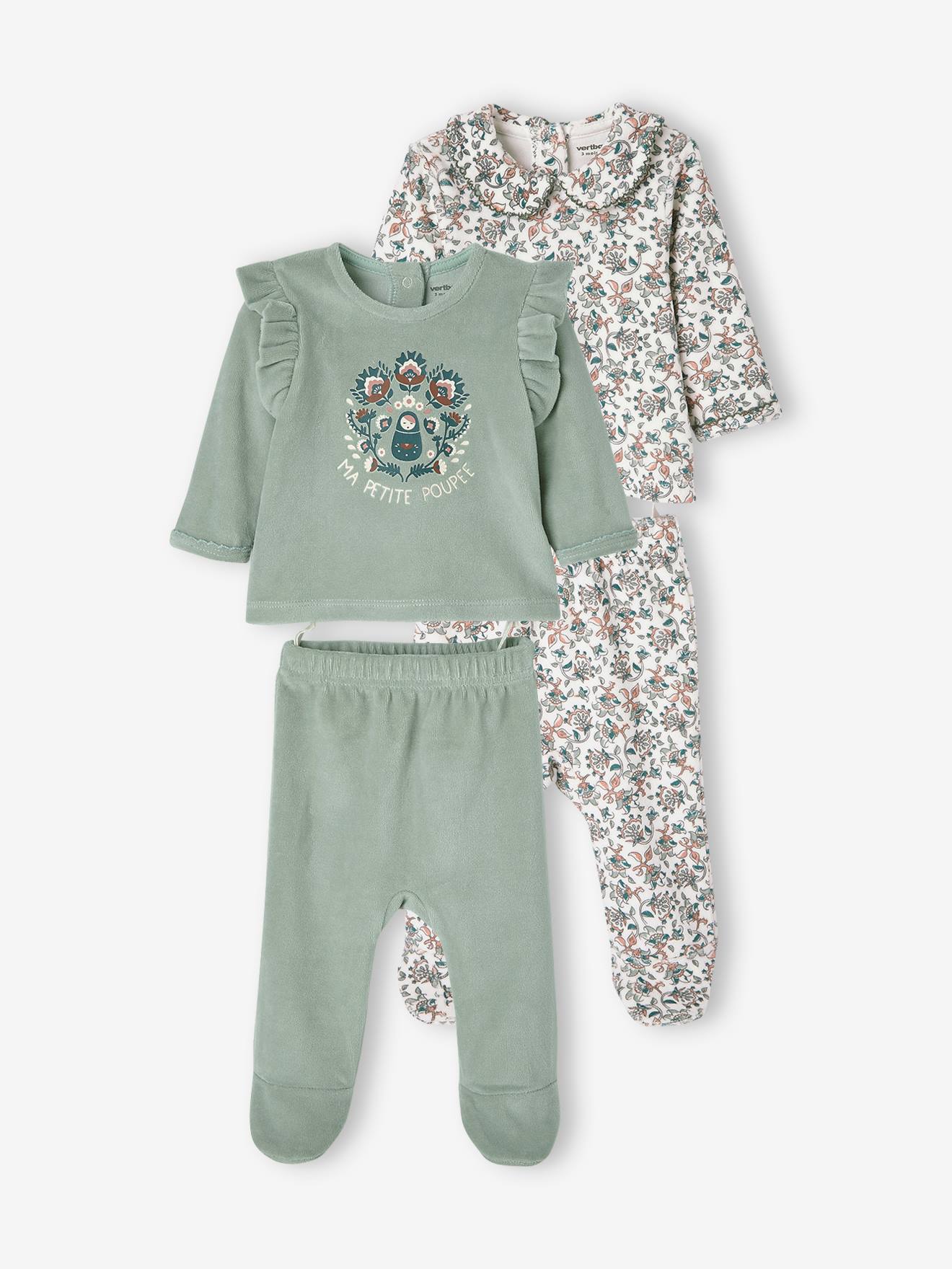 Set van 2 fluwelen pyjama's voor meisjesbaby's set ivoor