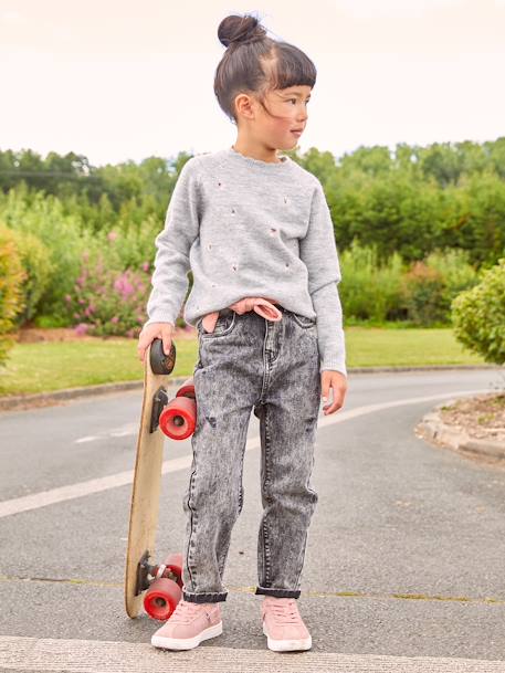 Jeans 'mom fit' met riem van katoengaas voor meisjes denim zwart+double stone - vertbaudet enfant 