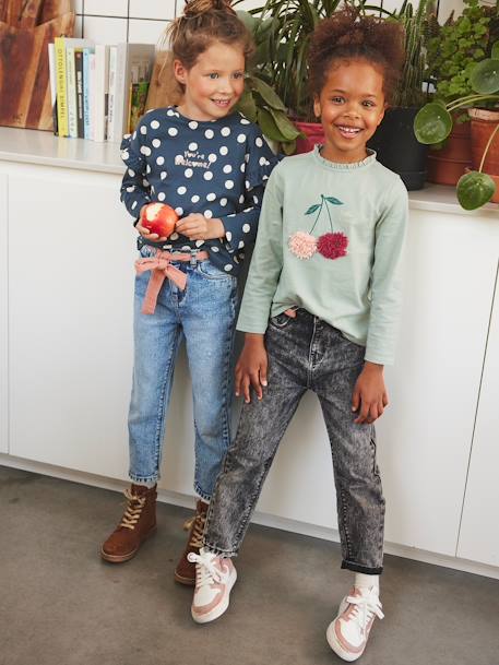 Jeans 'mom fit' met riem van katoengaas voor meisjes denim zwart+double stone - vertbaudet enfant 