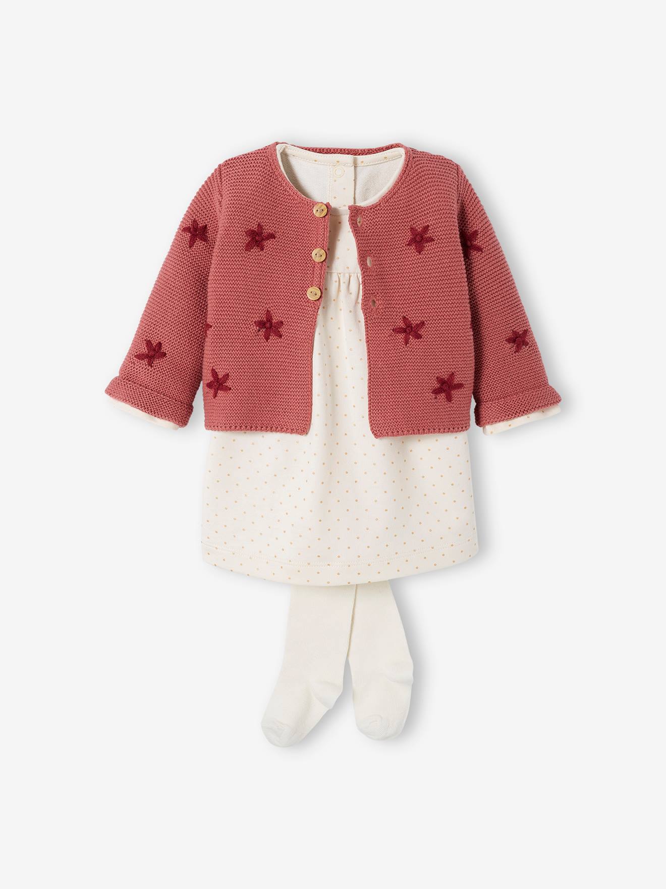 Geborduurd vestje + fleece jurkje + maillot babyset rozenhout