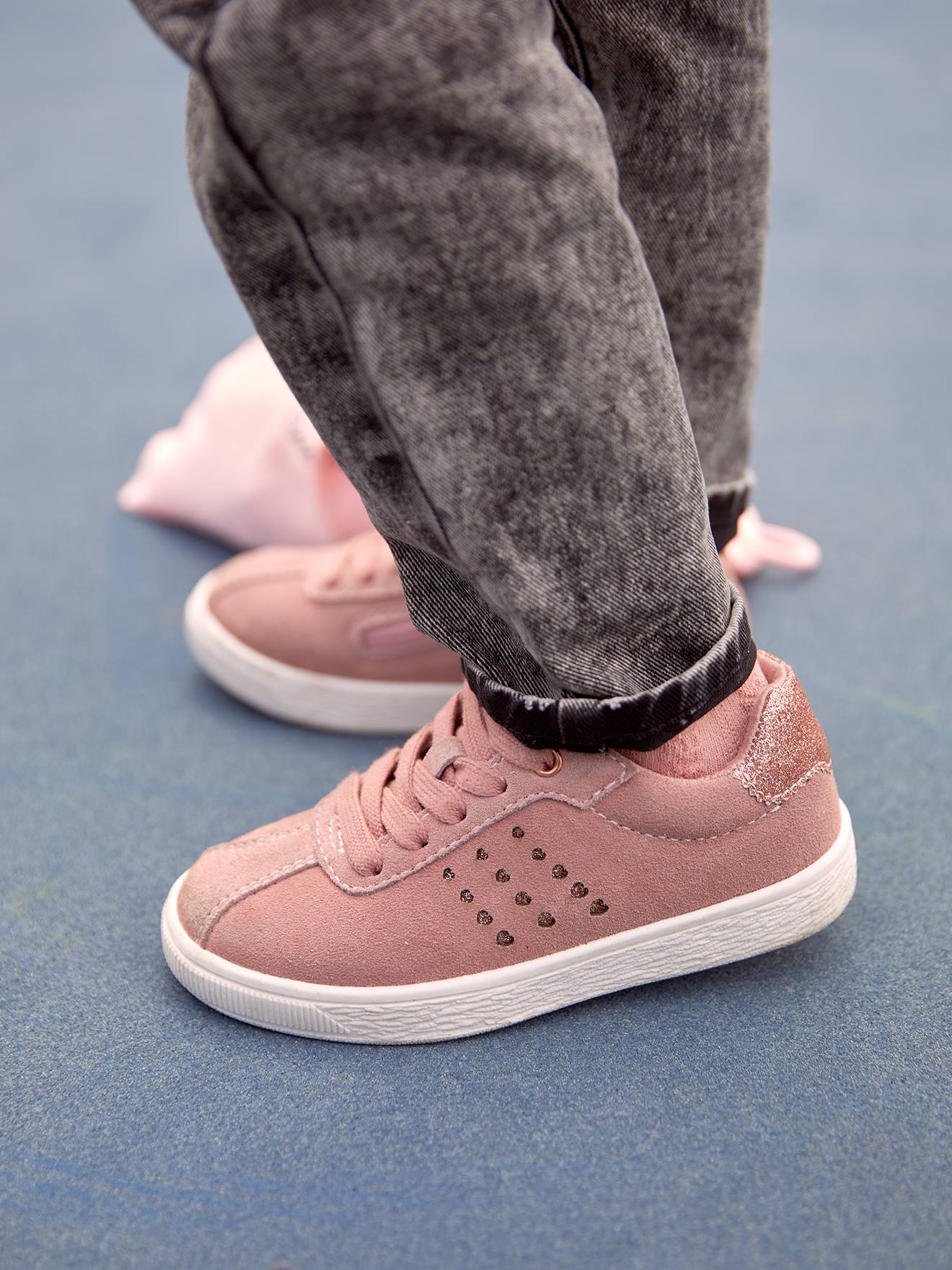 Leren meisjessneakers met vetersluiting, ritssluiting en glitters roze