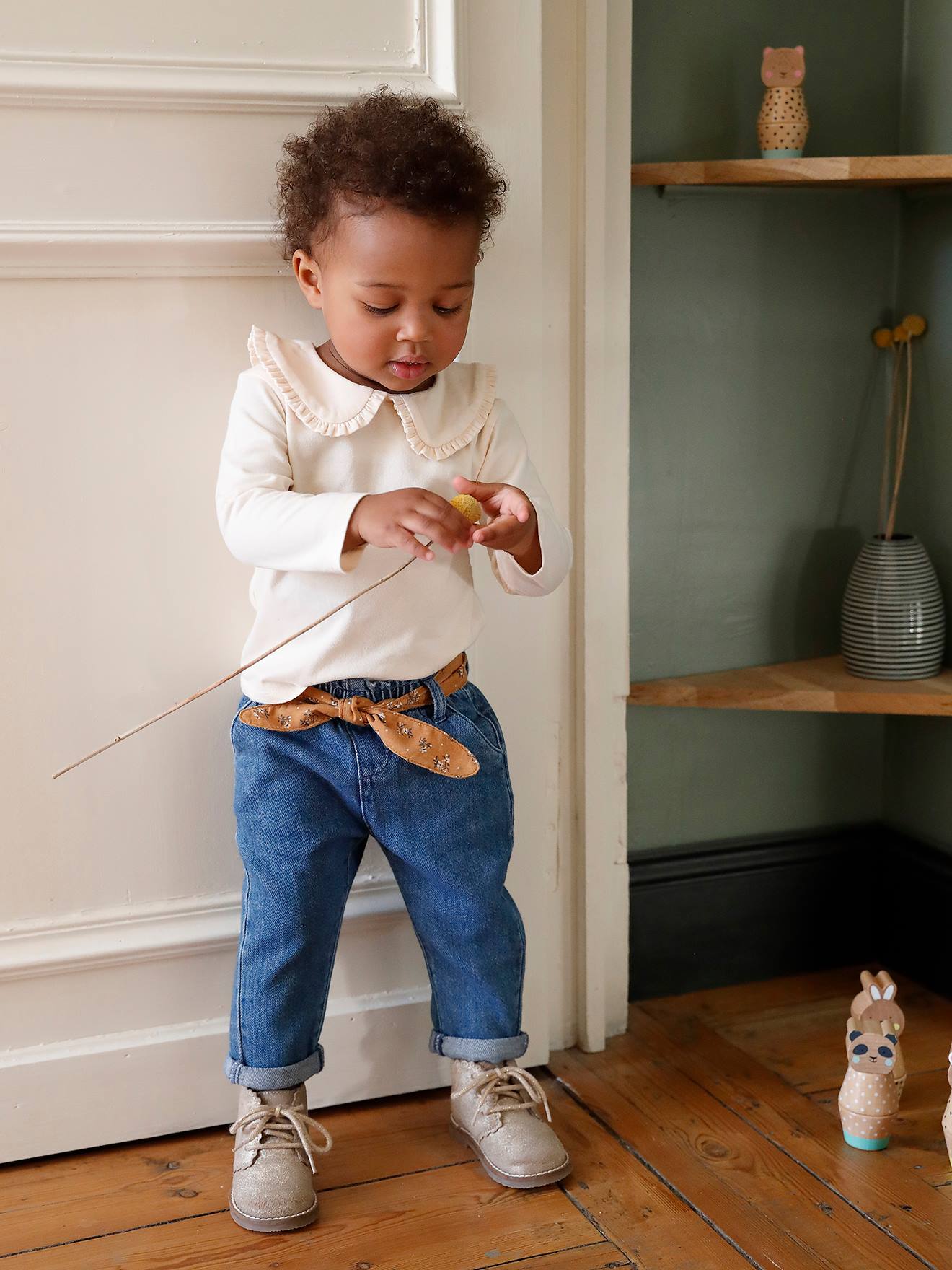 Babyjeans met stoffen riem denim stone