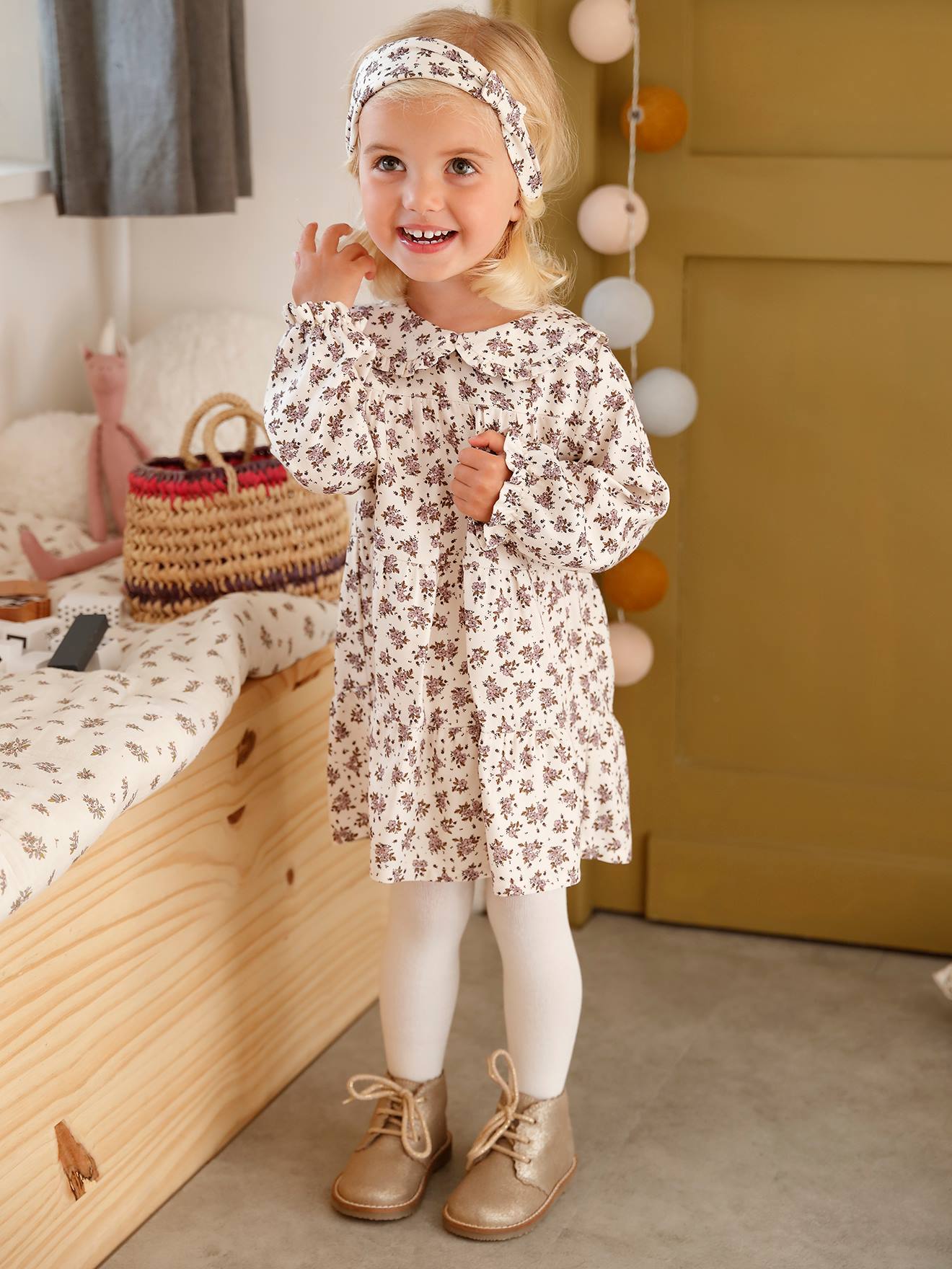 3-delige babyset jurk + maillot + haarband beige met print
