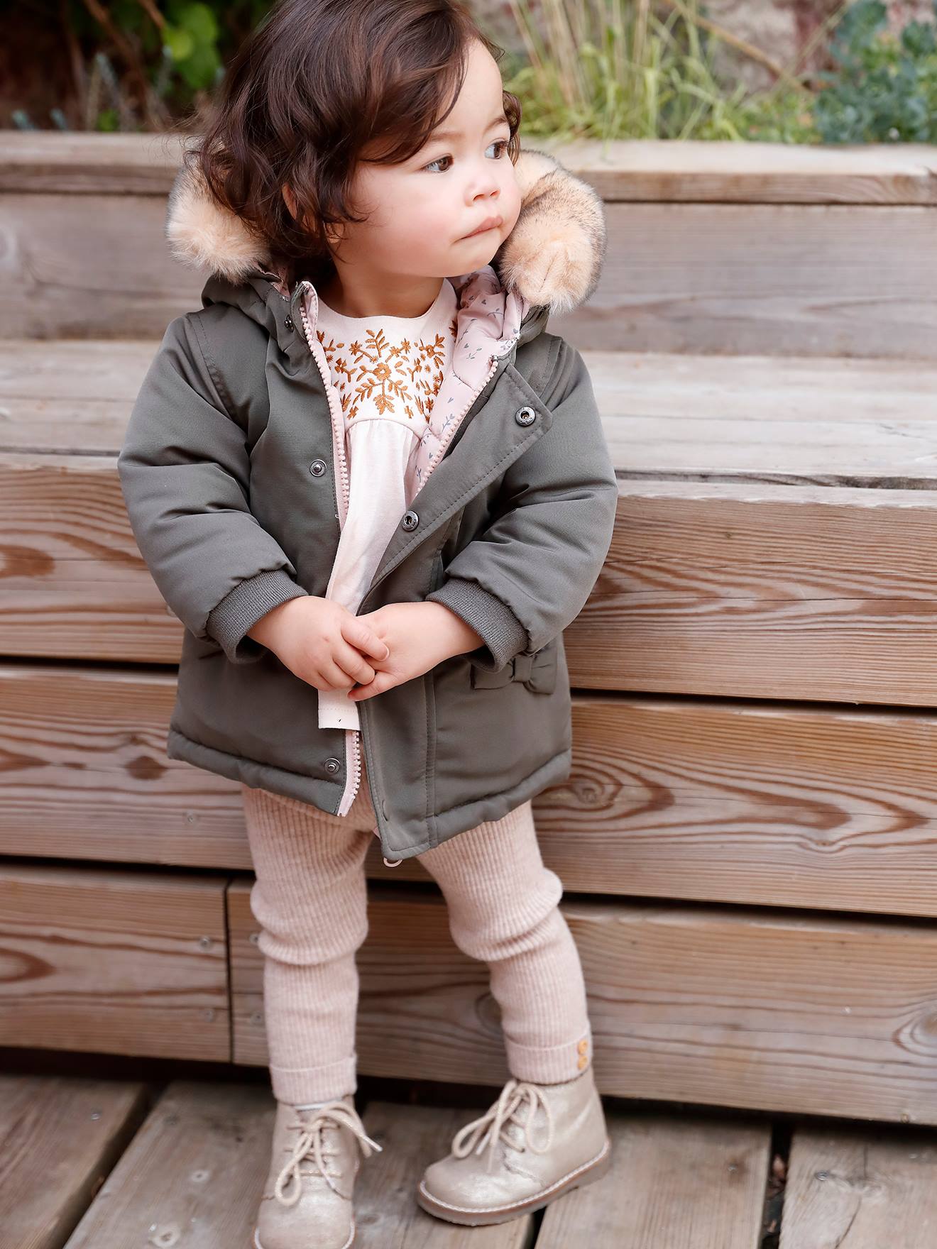 Omkeerbare babyparka met gerecyclede polyester voering kaki