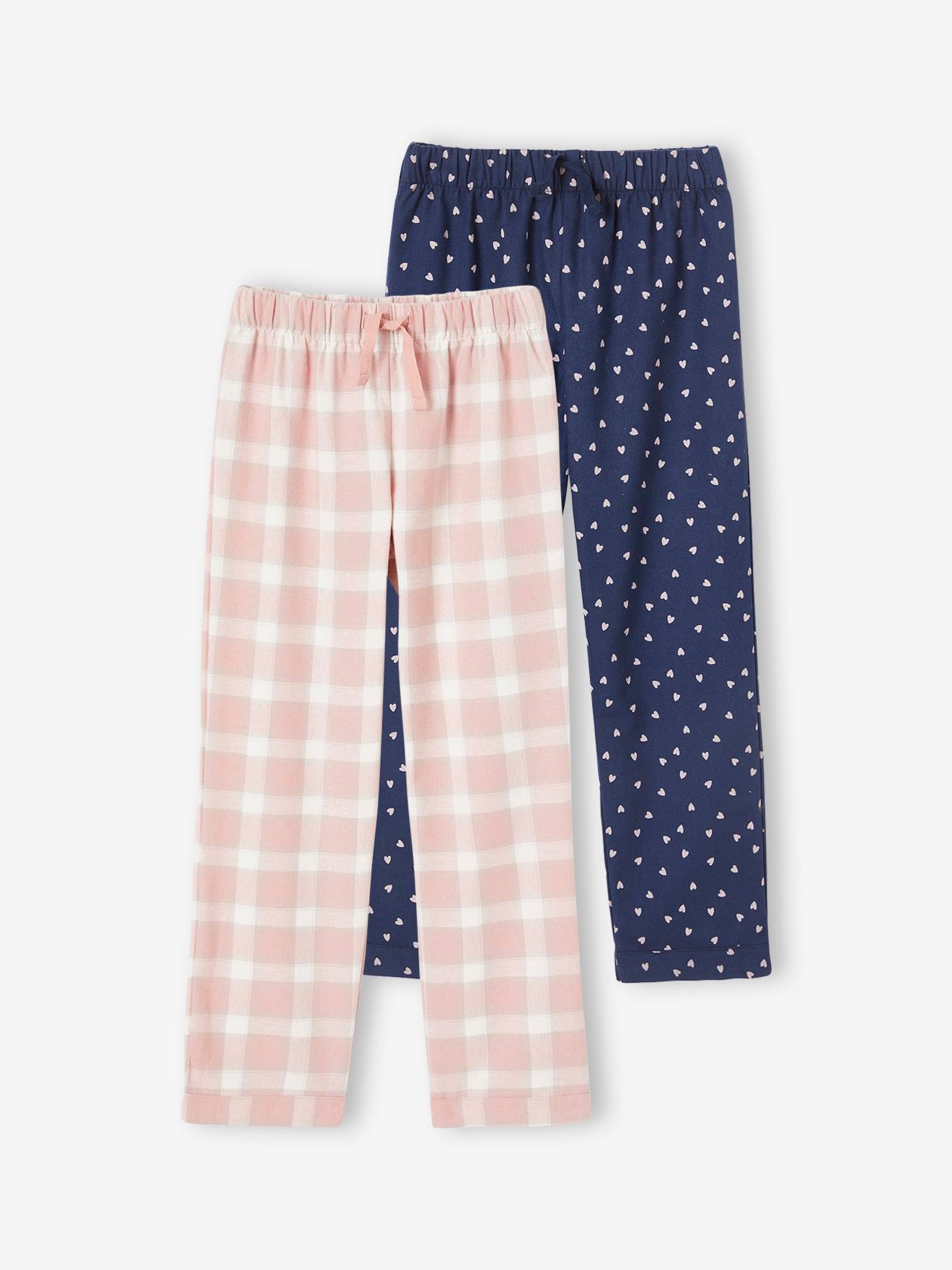 Set met 2 pyjamabroeken in flanel voor meisjes set ruitjes roze thee en blauw