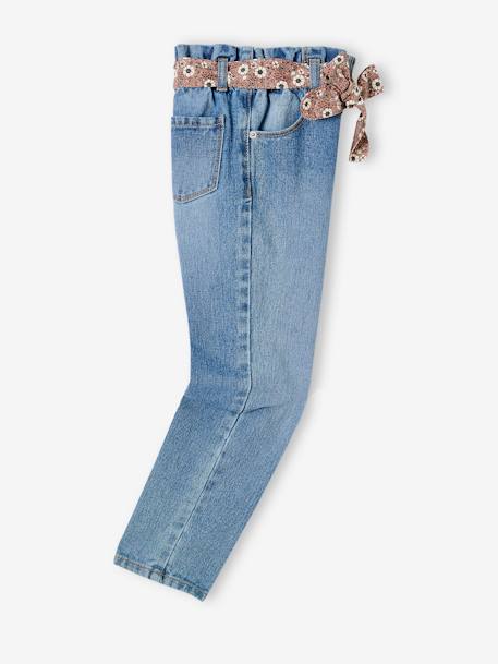 Paperbag jeans met bloemenriem voor meisjes denimgrijs+onbewerkt denim+stone - vertbaudet enfant 