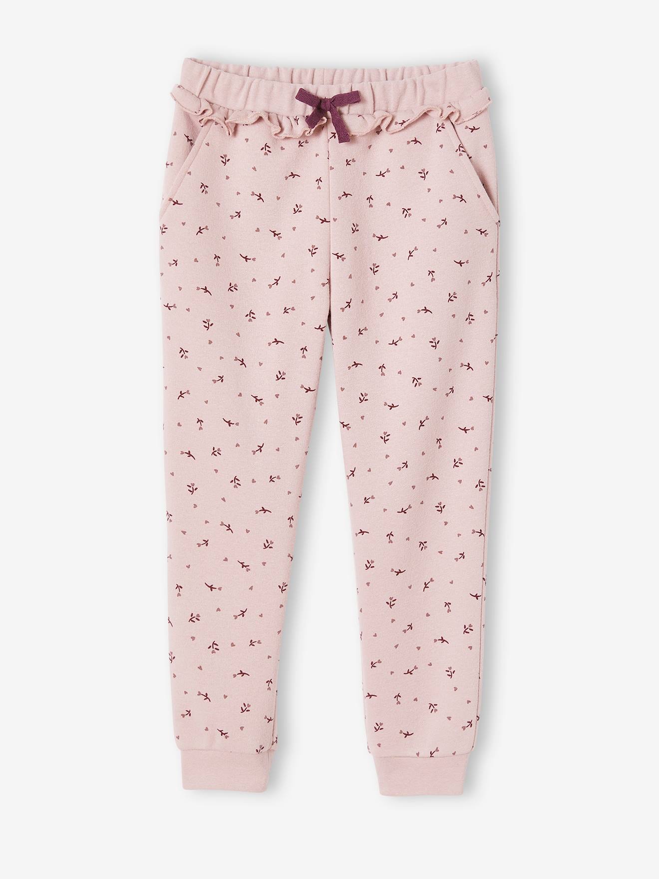 Joggingbroek voor meisjes met ruche en bloemenprint roze