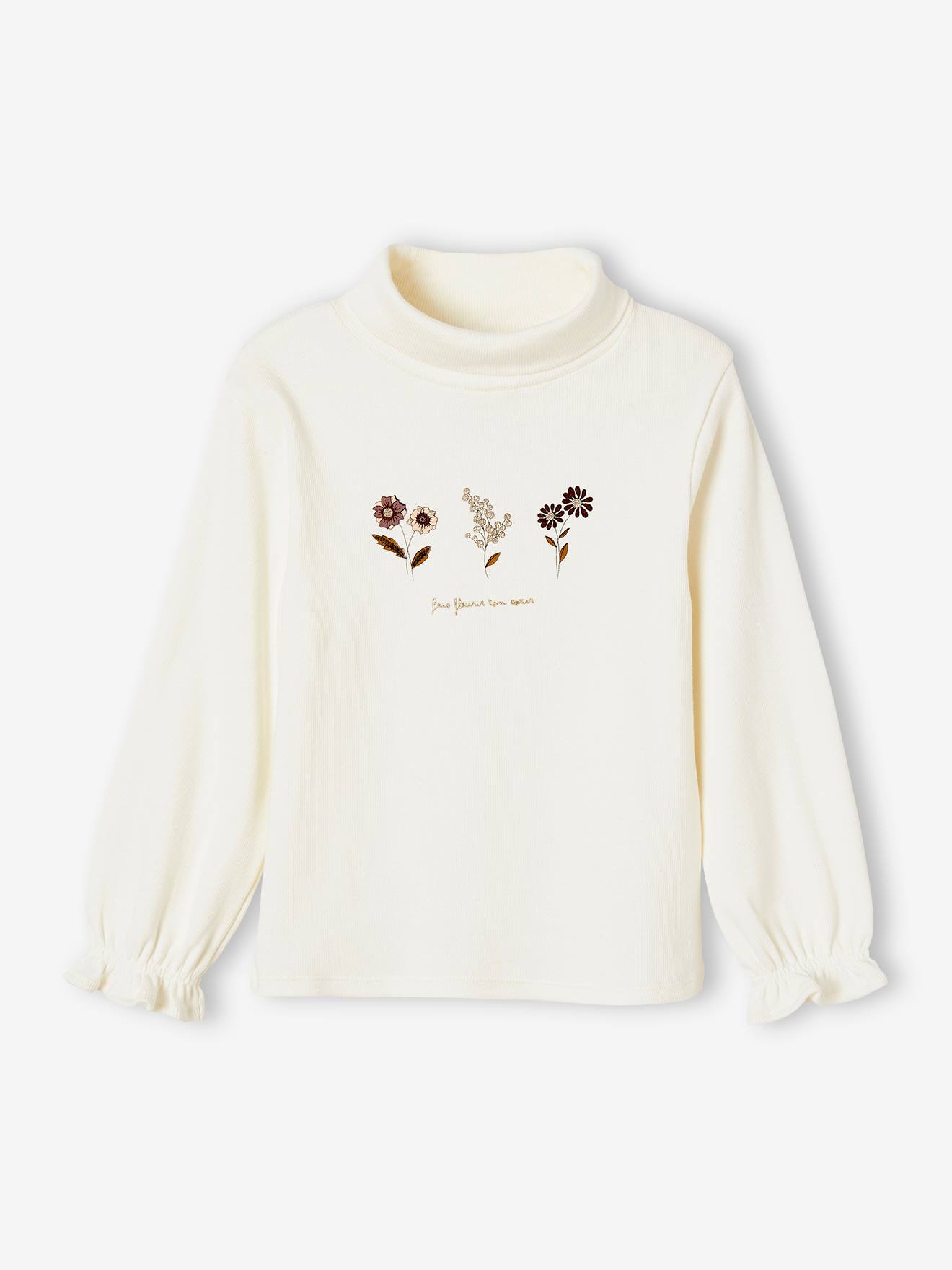 Meisjes-T-shirt met geribbelde opstaande kraag en bloemenprint wit