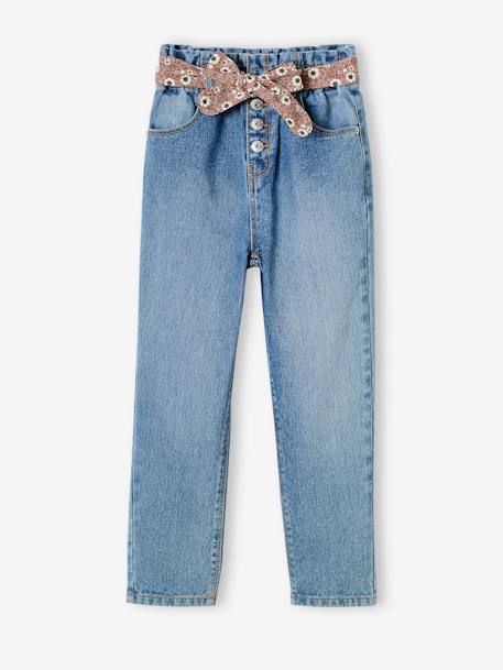 Paperbag jeans met bloemenriem voor meisjes denimgrijs+onbewerkt denim+stone - vertbaudet enfant 