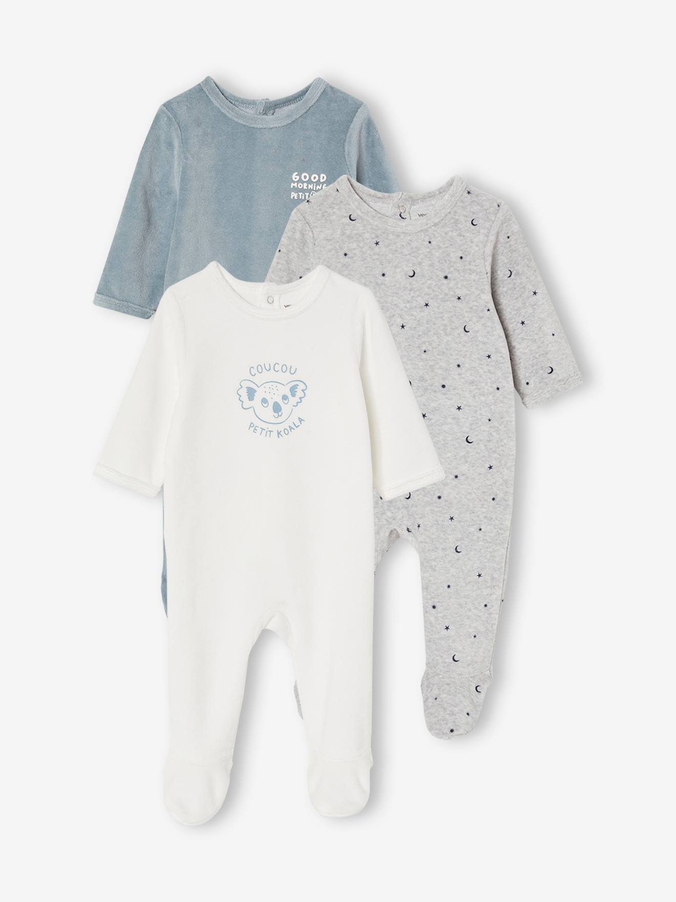 Set van 3 fluwelen pyjamapakjes met opening vooraan set ivoor