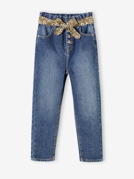 Paperbag jeans met bloemenriem voor meisjes denimgrijs+onbewerkt denim+stone - vertbaudet enfant 