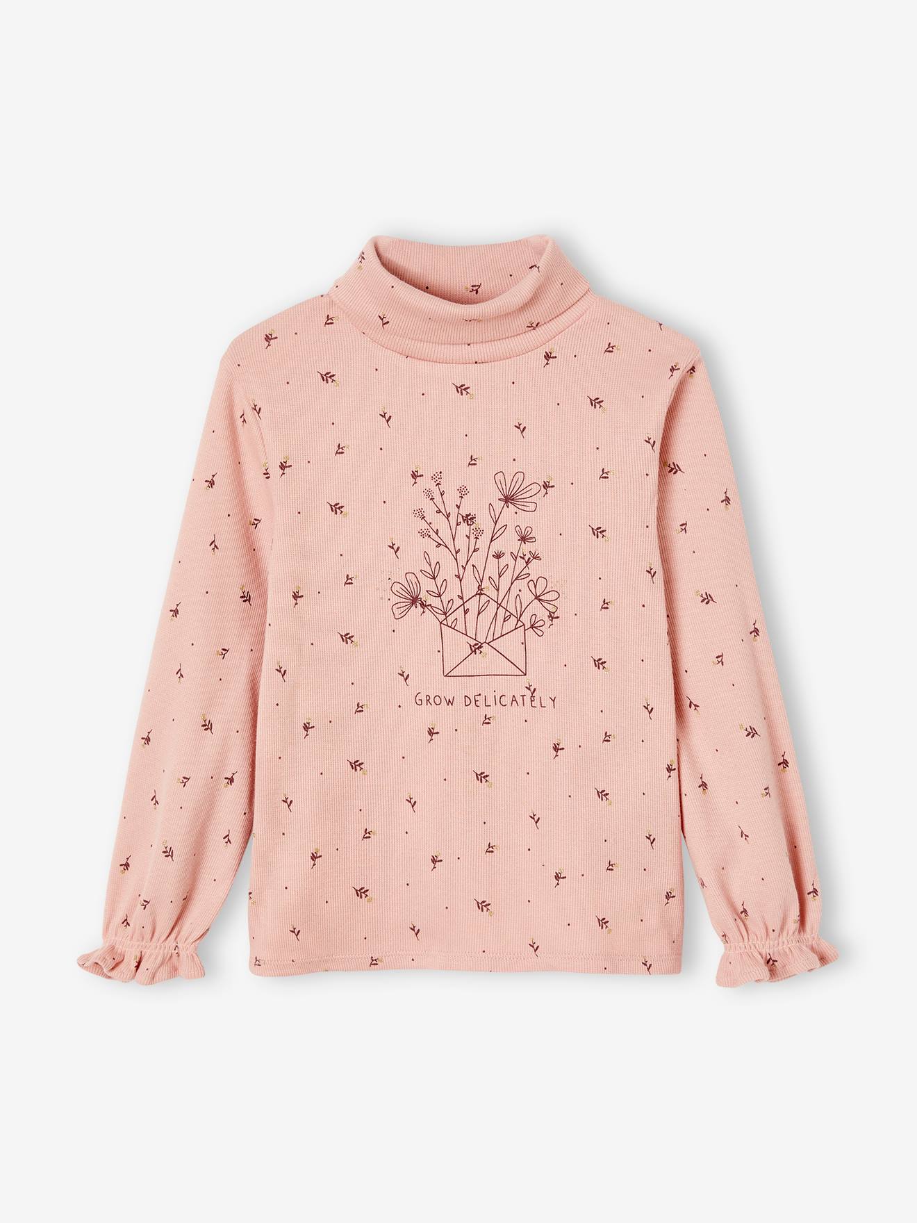 Meisjes-T-shirt met geribbelde opstaande kraag en bloemenprint poederroze