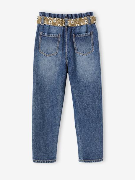 Paperbag jeans met bloemenriem voor meisjes denimgrijs+onbewerkt denim+stone - vertbaudet enfant 