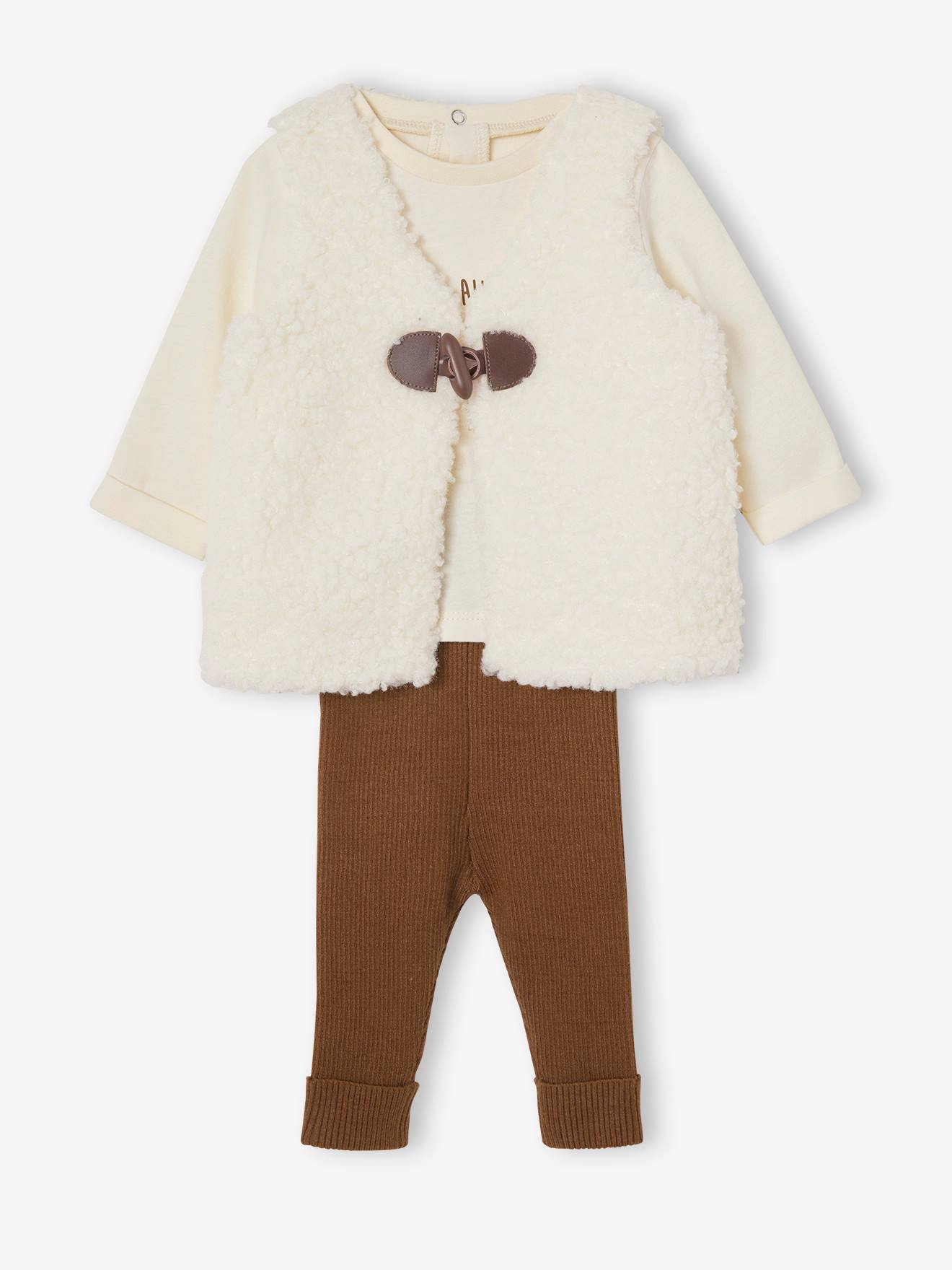 3-delige babyset: nepbonten vest, shirt en legging beige