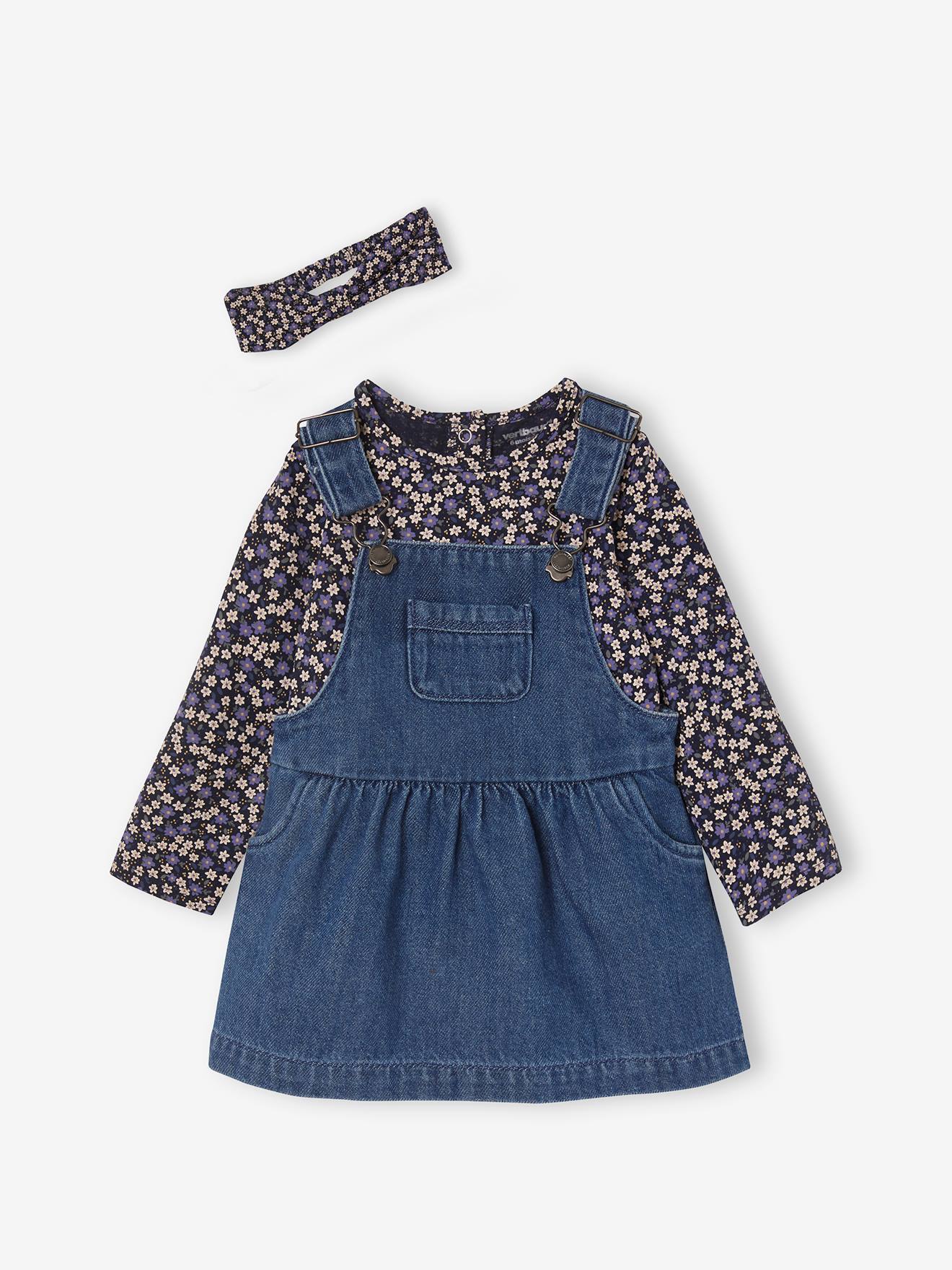 Driedelige babyset: overgooier van denim, T-shirt en haarband nachtblauw