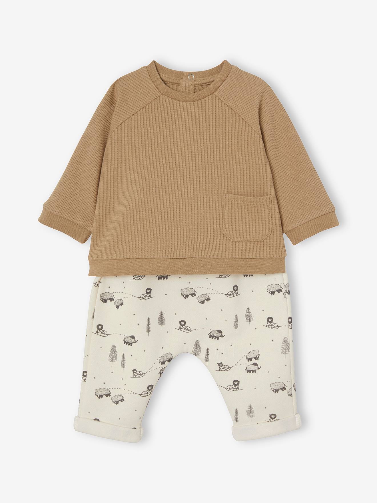 Babyset honinggraat T-shirt + molton broek taupe