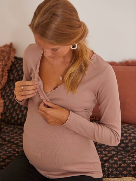 Gekruist T-shirt met V-hals, voor zwangerschaps- en borstvoeding Antracietgrijs+Roze - vertbaudet enfant 