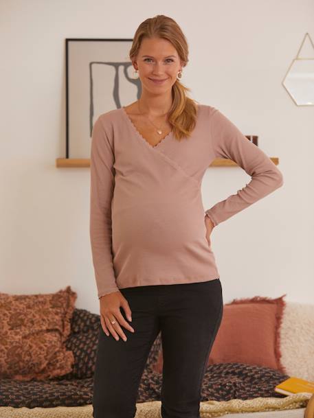 Gekruist T-shirt met V-hals, voor zwangerschaps- en borstvoeding Antracietgrijs+Roze - vertbaudet enfant 