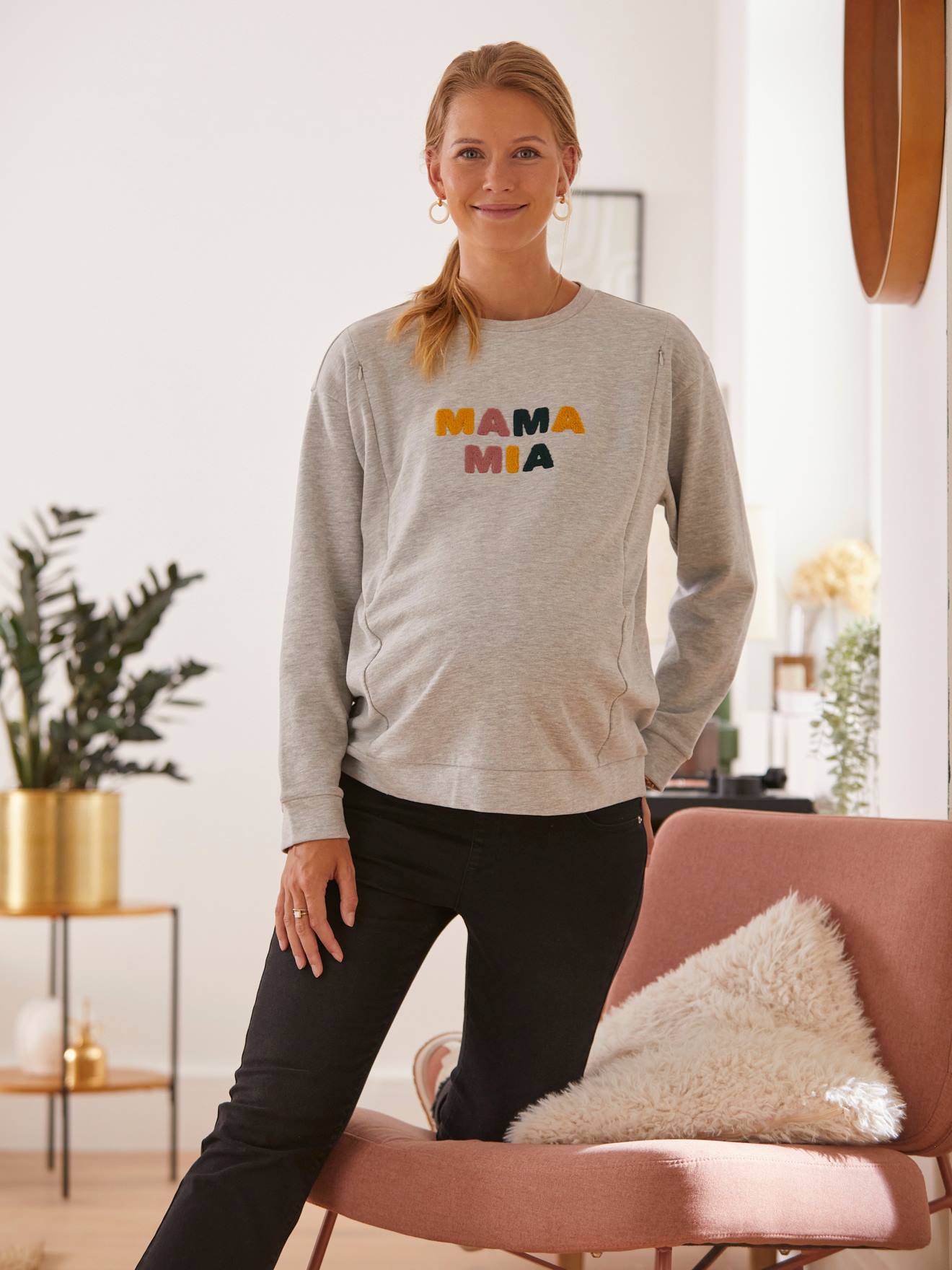 Fleece sweatshirt met tekst, voor zwangerschap en borstvoeding grijs gechineerd
