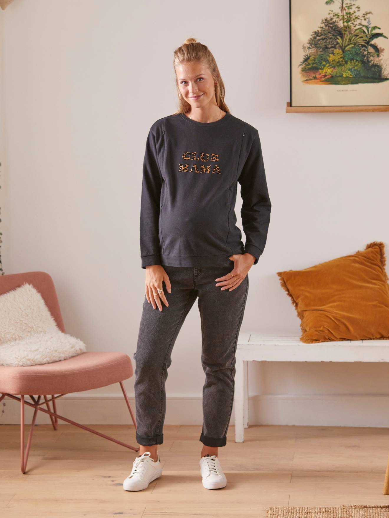 Fleece sweatshirt met tekst, voor zwangerschap en borstvoeding zwart met luipaardprint