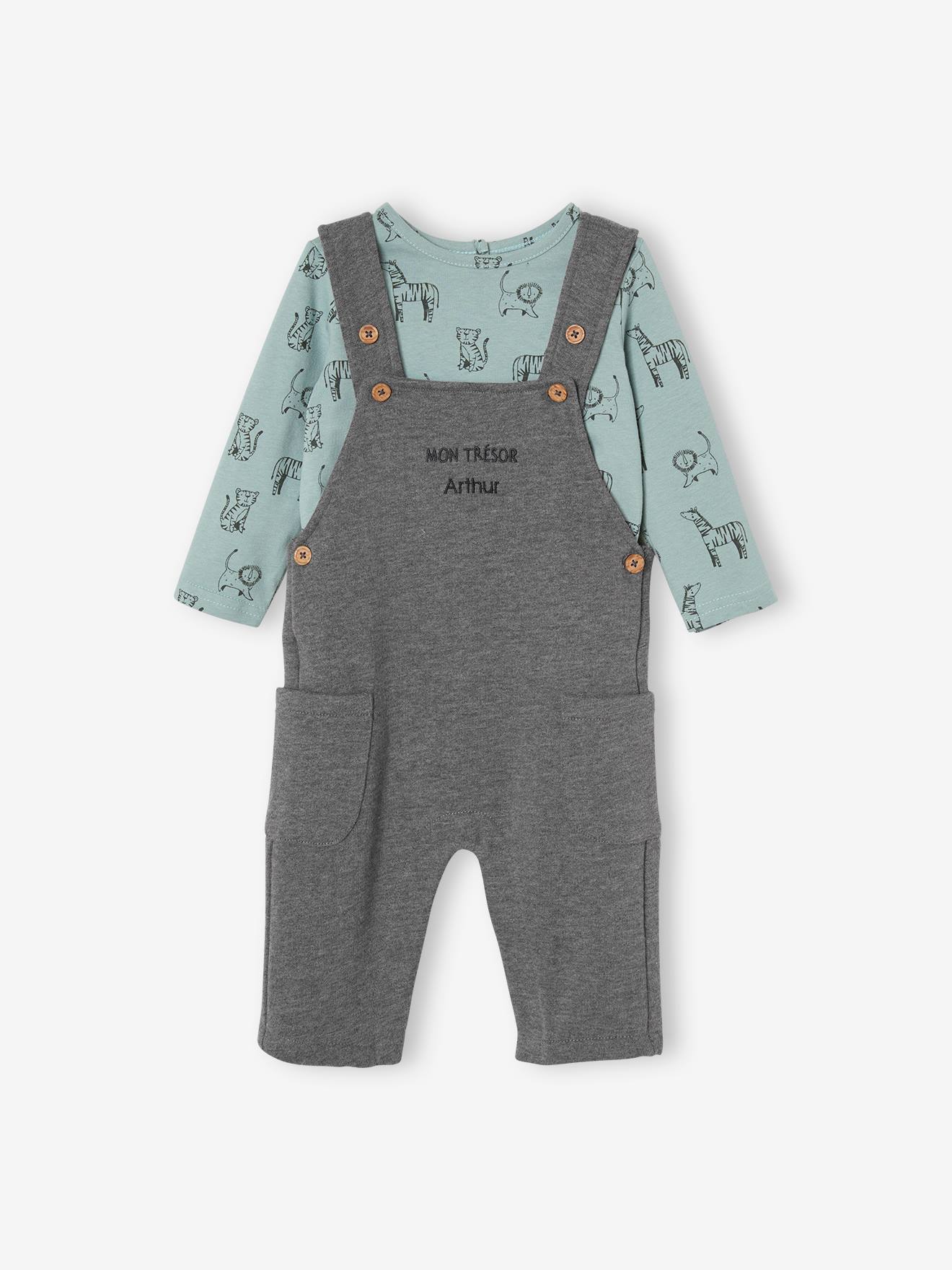 Fleece babyset met te personaliseren T-shirt en tuinbroek donkergrijs gechineerd
