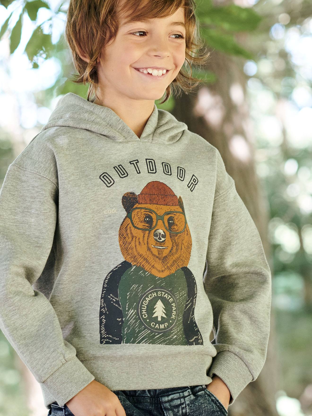 Jongenssweater met capuchon en print gechineerd antraciet