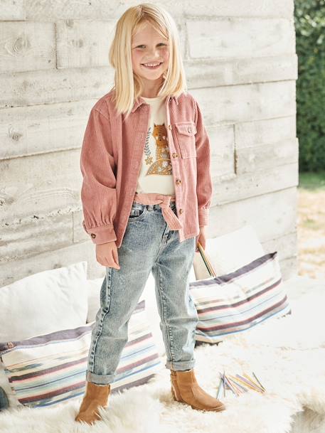 Jeans 'mom fit' met riem van katoengaas voor meisjes denim zwart+double stone - vertbaudet enfant 