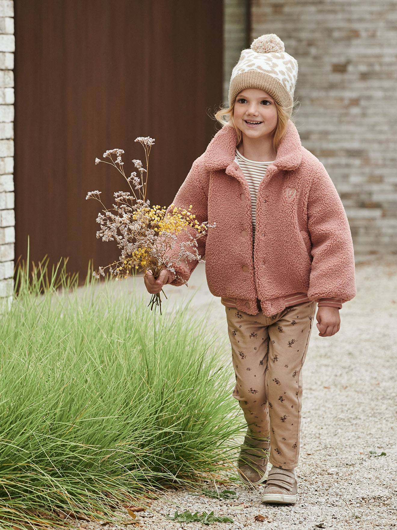 Broek in "paperbag" stijl met bloemenprint meisjes beige