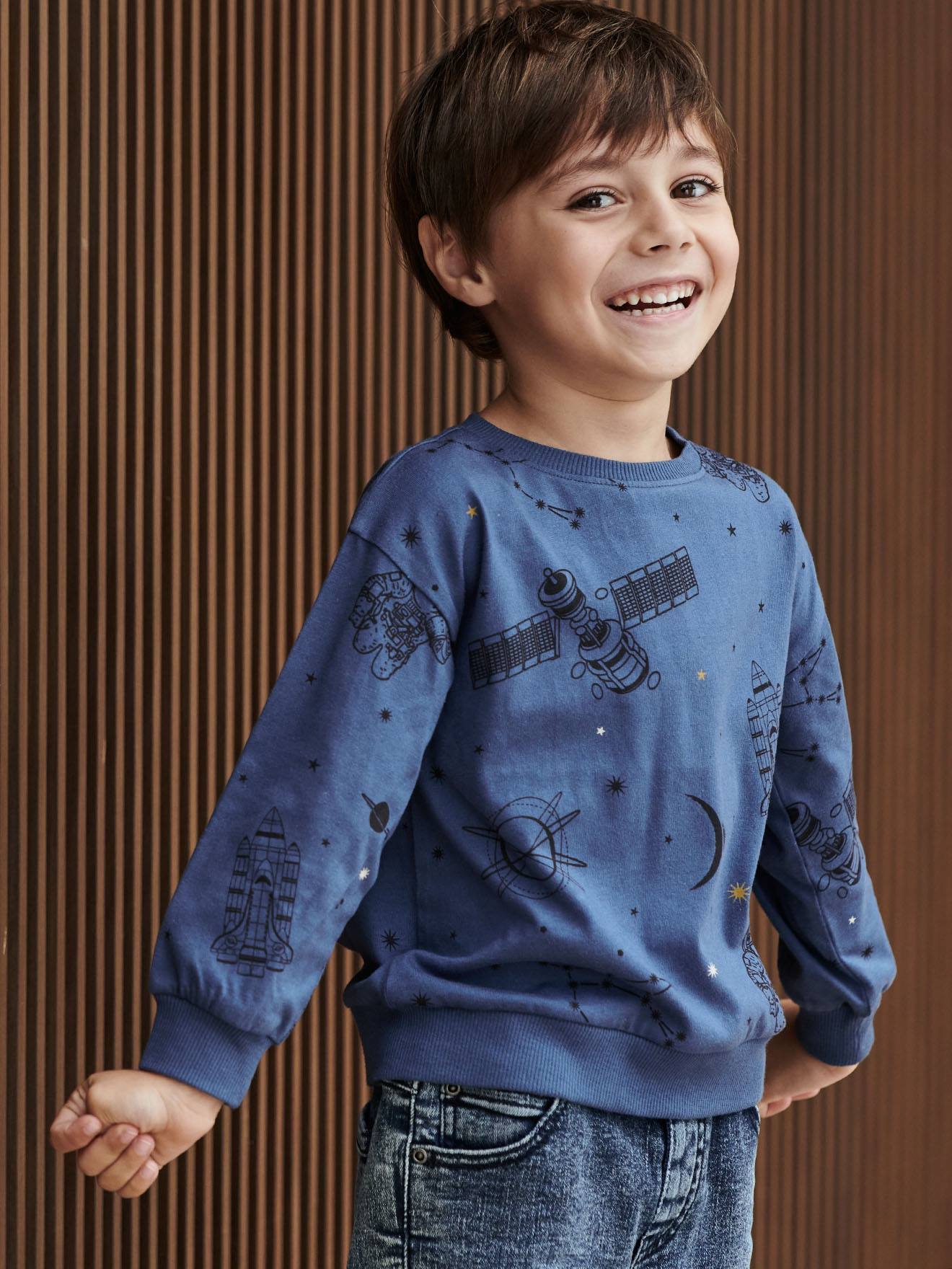 Jongens-T-sweater met "Cosmos"-effect met planeetbadge donker leisteenblauw bedrukt