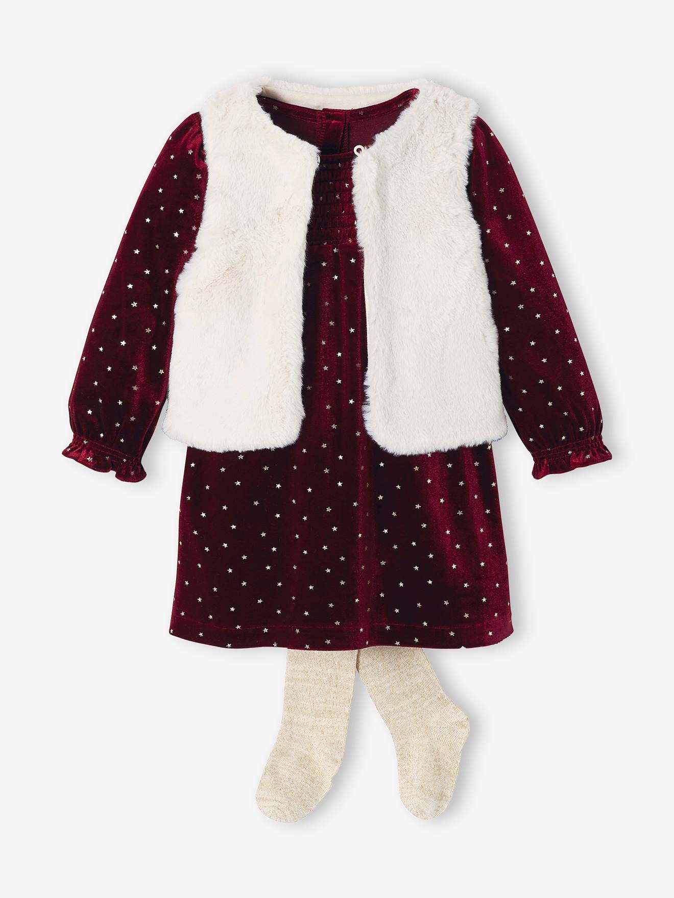 Babyset: fluwelen jurk + nepbonten vest + maillot bordeauxrood