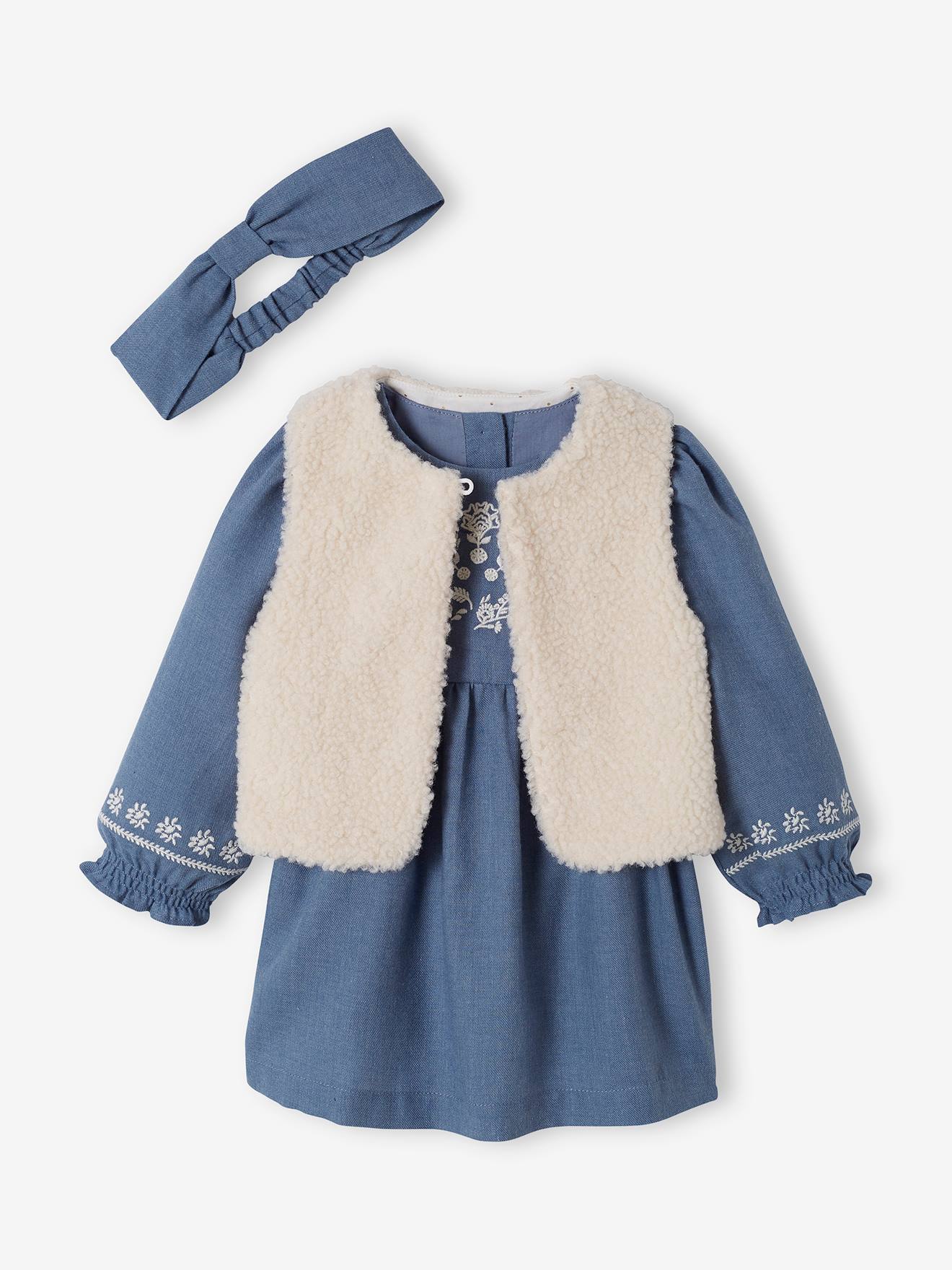 3-delige set jurk + vest + haarband babymeisje grijsblauw