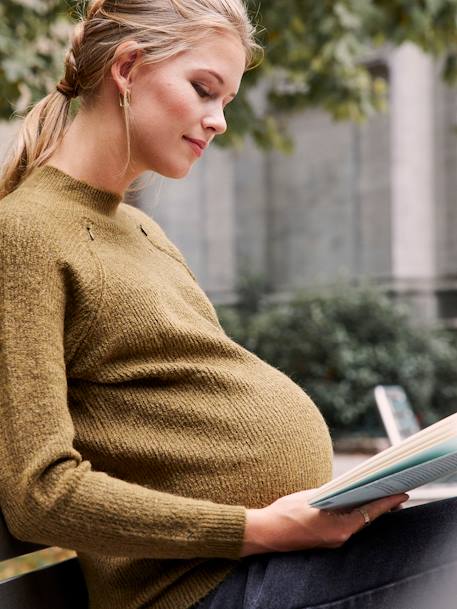 Trui met averechts breiwerk voor zwangerschap en borstvoeding Olijfgroen+Zwart en beige gestreept - vertbaudet enfant 