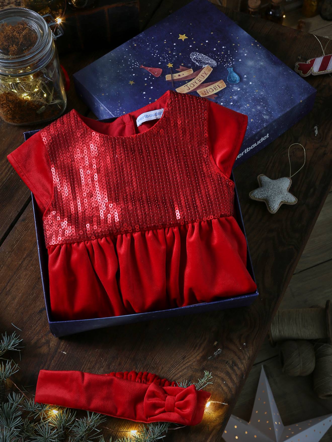 Kerstdoos baby jurk met glitters en bijpassende hoofdband rood