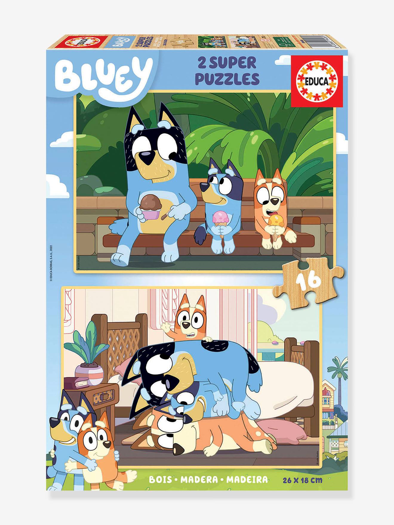 2 Super Puzzels 16 stukjes hout - Bluey - EDUCA blauw