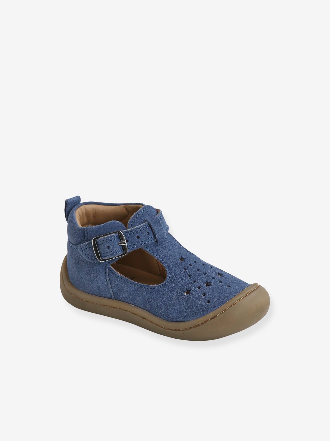 Zacht lederen sandalen voor baby's die kruipen jeansblauw