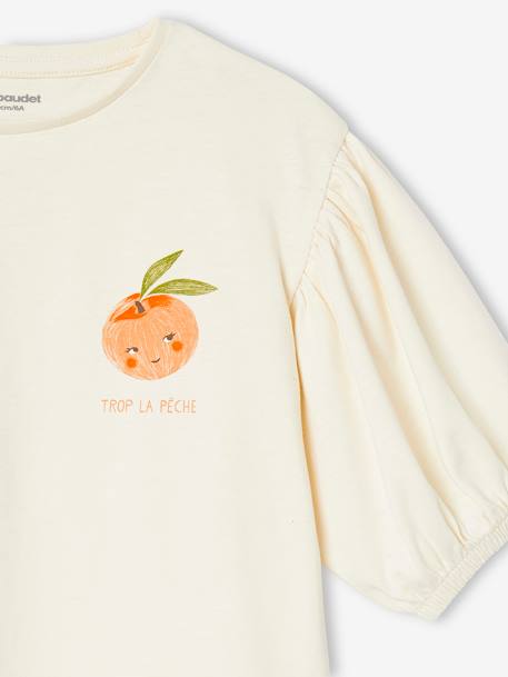 Meisjes t-shirt met bolletjesmouw en fruitmotief op de borst ecru+lichtroze - vertbaudet enfant 