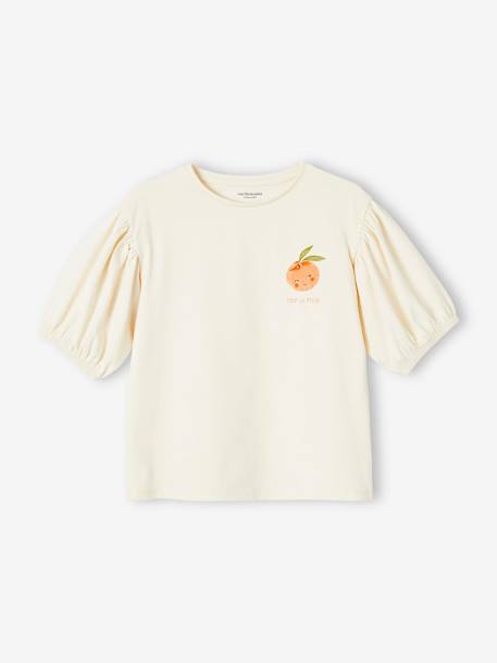 Meisjes t-shirt met bolletjesmouw en fruitmotief op de borst ecru+lichtroze - vertbaudet enfant 