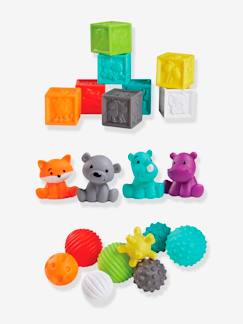 Speelgoed-Eerste levensjaren-Pakket voor ontwikkelen zintuigen met 8 ballen, 4 diertjes en 8 blokjes Bluebox