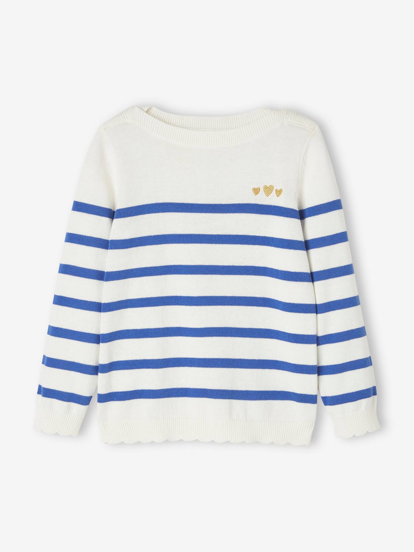 Meisjessweater in zeemanstijl met versieringen blauw, gestreept