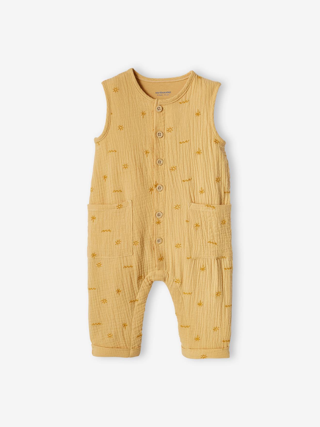 Jumpsuit babyjongen van geborduurd katoengaas lichtgeel