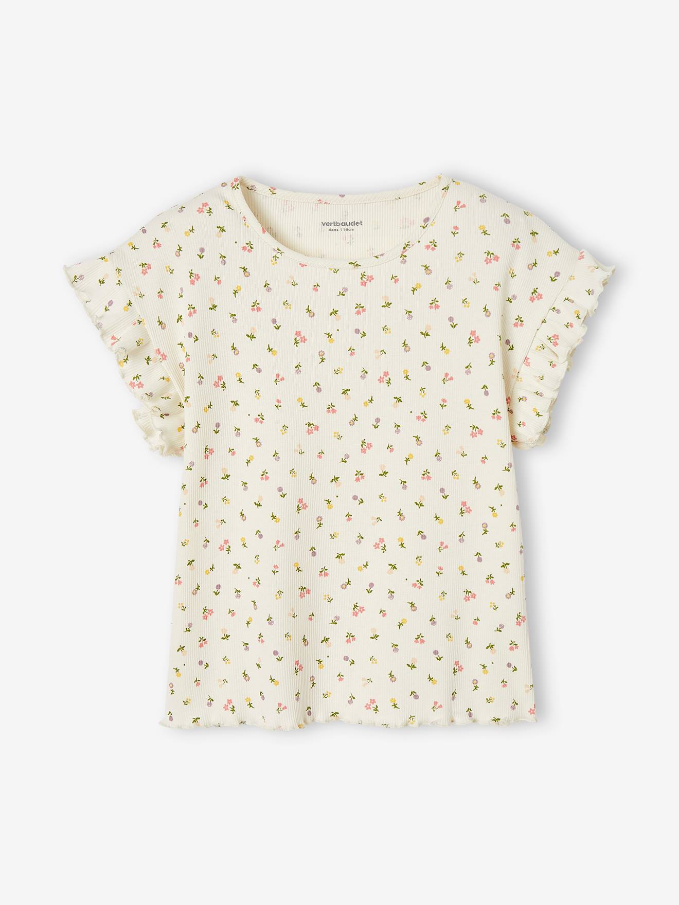 Geribd meisjes-T-shirt met bloemenprint ecru