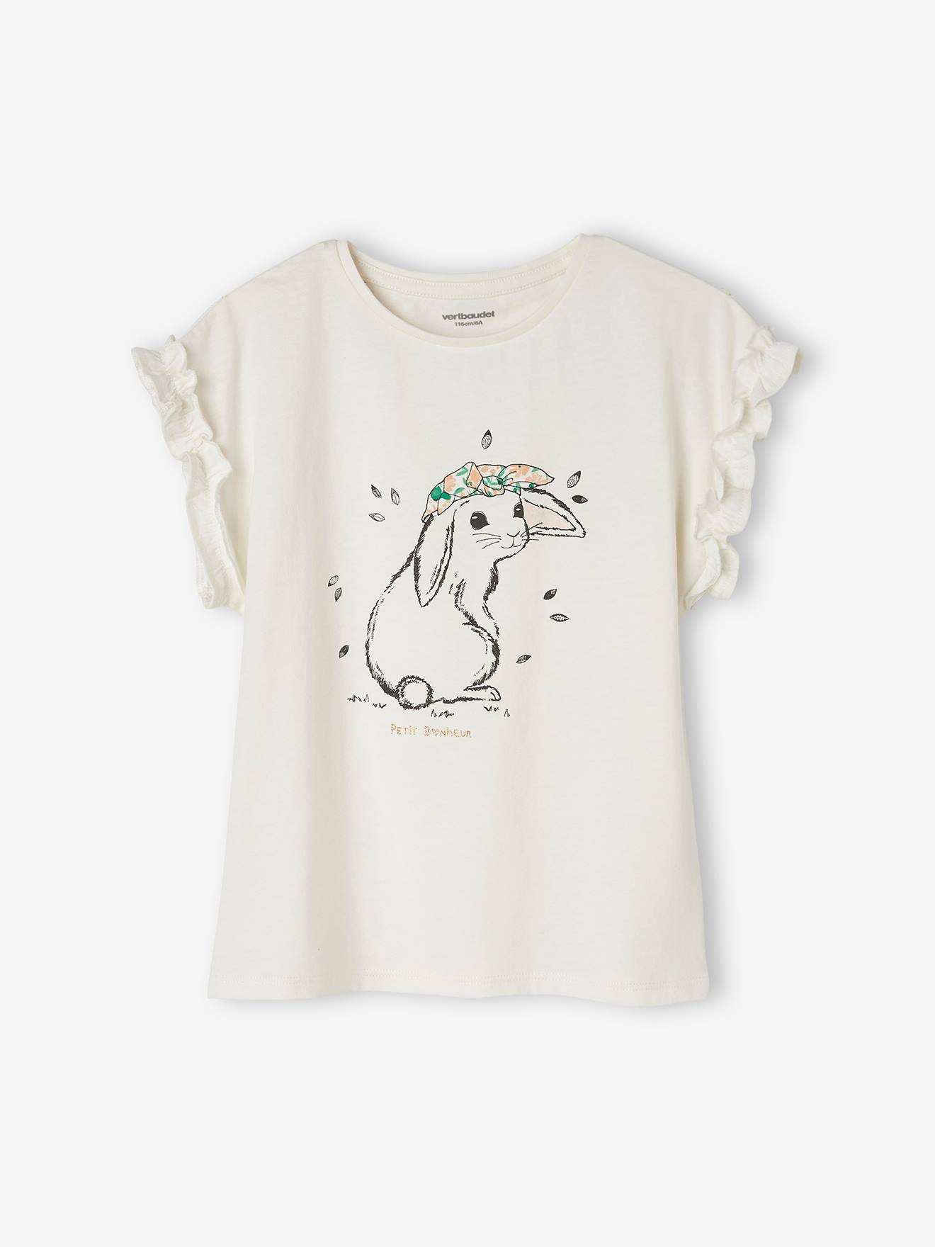 Meisjes-T-shirt met iriserend motief en korte mouwen met ruches ecru