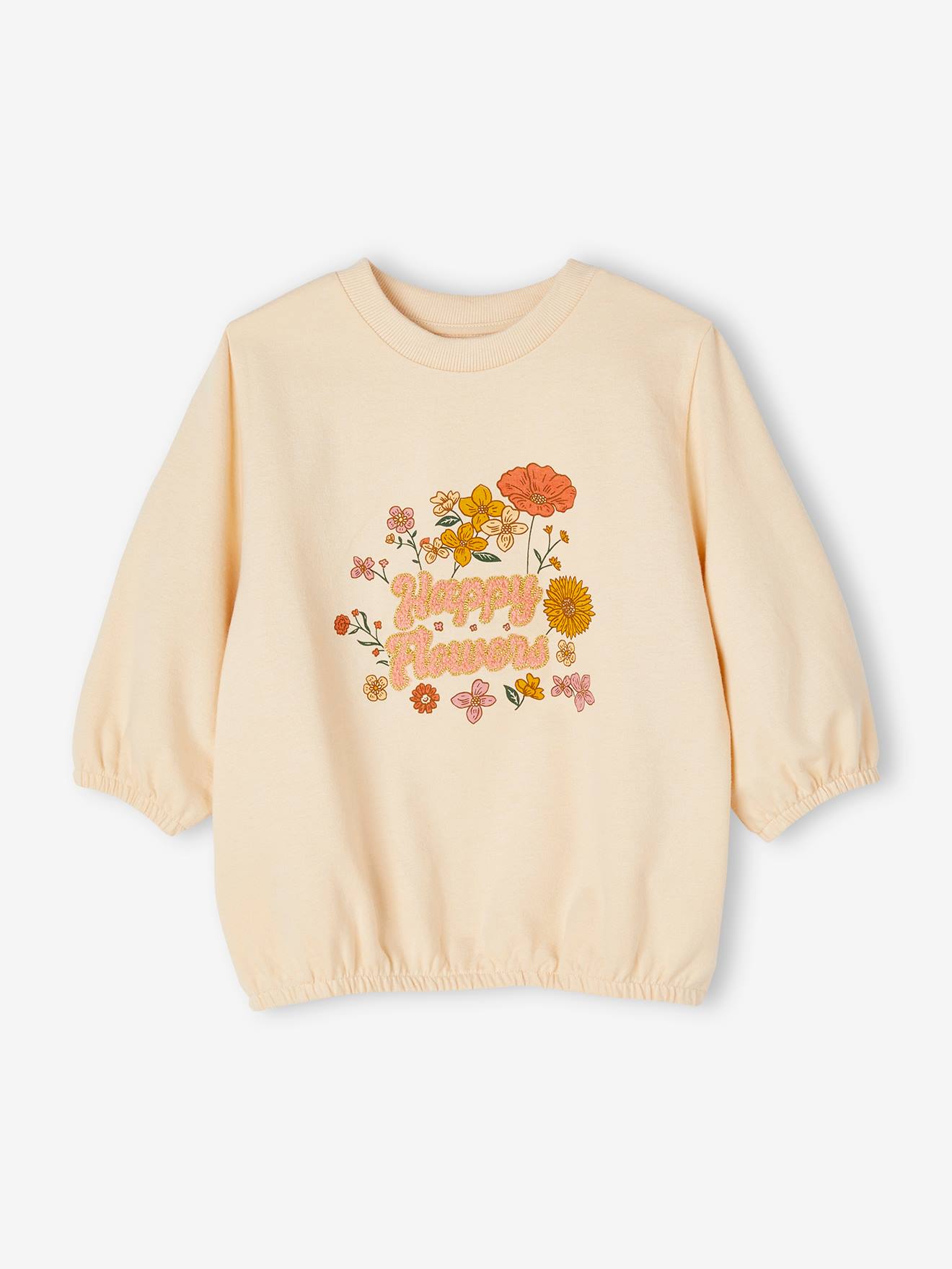 Meisjessweatshirt met iriserende bloemen en lussen 3/4 mouwen ecru