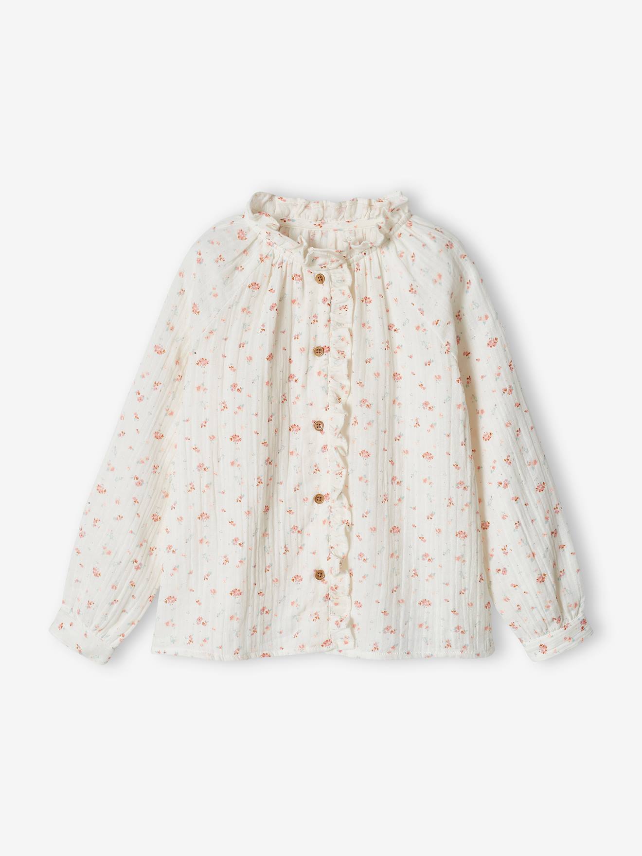 Personaliseerbare overhemd met ruches van katoengaas voor meisjes met bloemenprint ecru