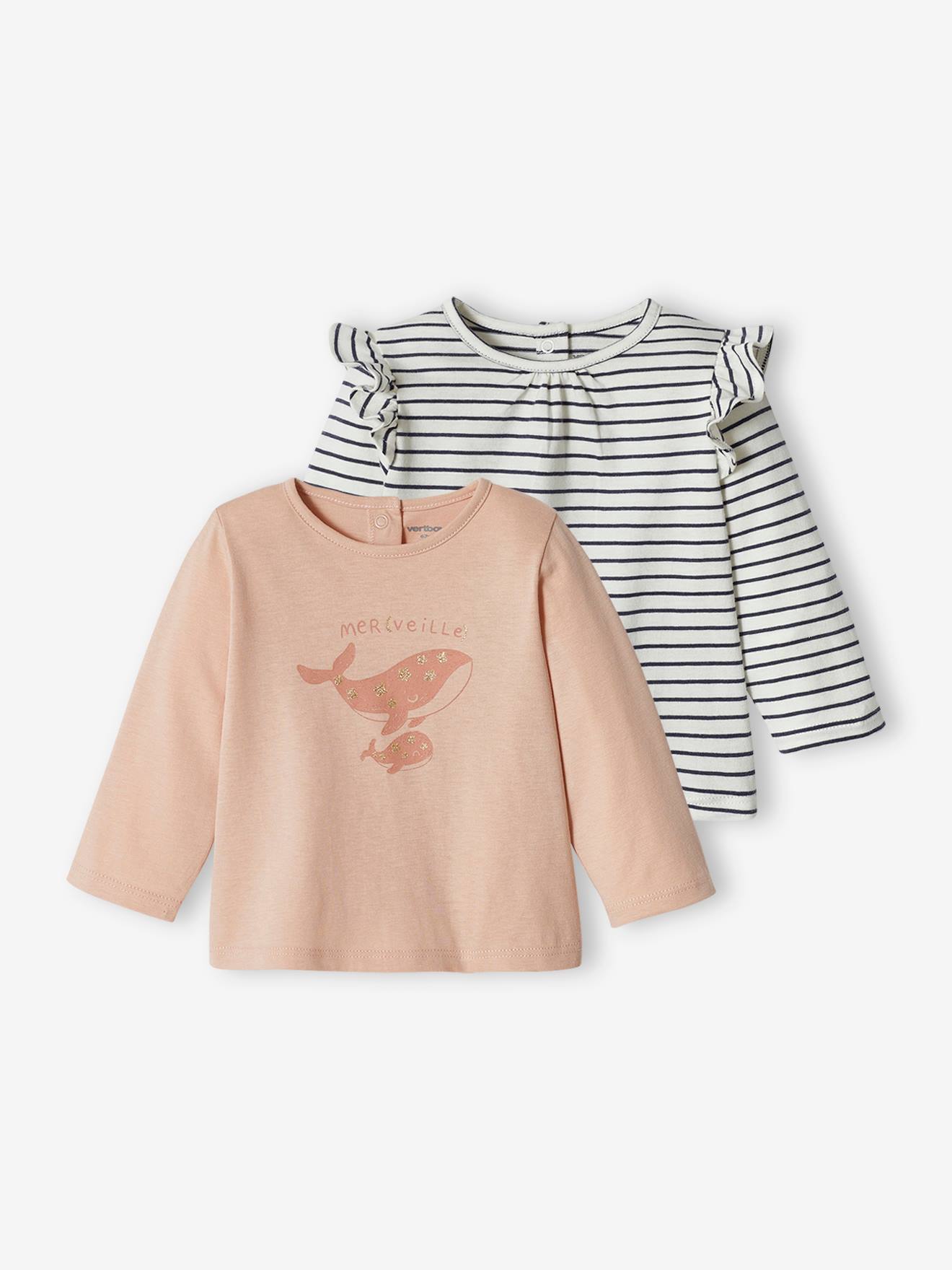 Set van 2 baby-T-shirts met lange mouwen roze (poederkleur)
