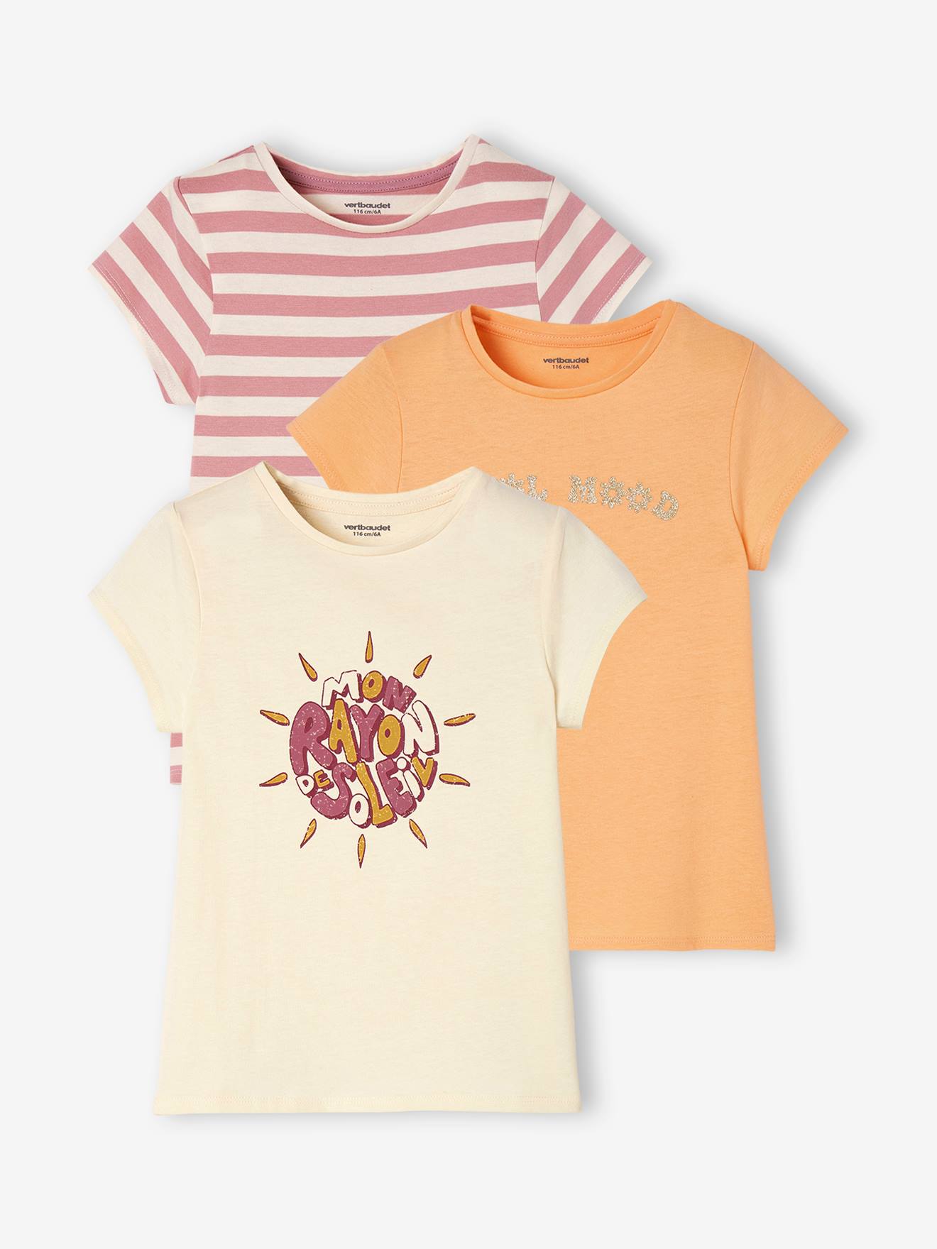 Set van 3 verschillende T-shirts voor meisjes met iriserende details abrikoos (poederkleur)